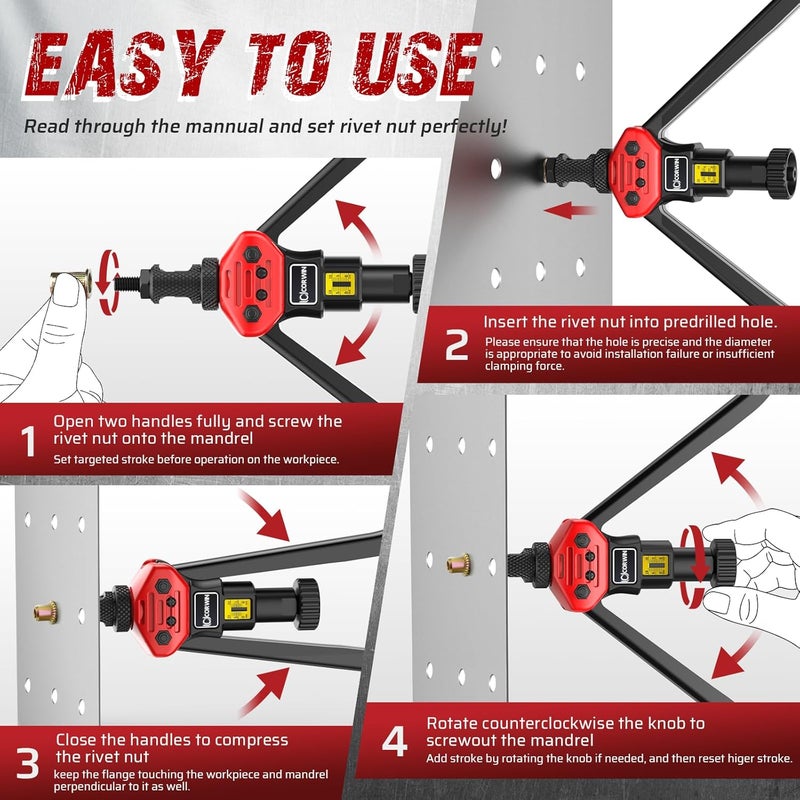 CORWIN Store 16" Rivet Nut Gun with Stroke Adjustment - 19 mandrels: 15 Metric and SAE Mandrels (M3-M12 & to 1/2") + 4 Pieces 1/4-20 Mandrels - 200 Threaded Nuts (100 Each) in Storage Boxes - Image 2